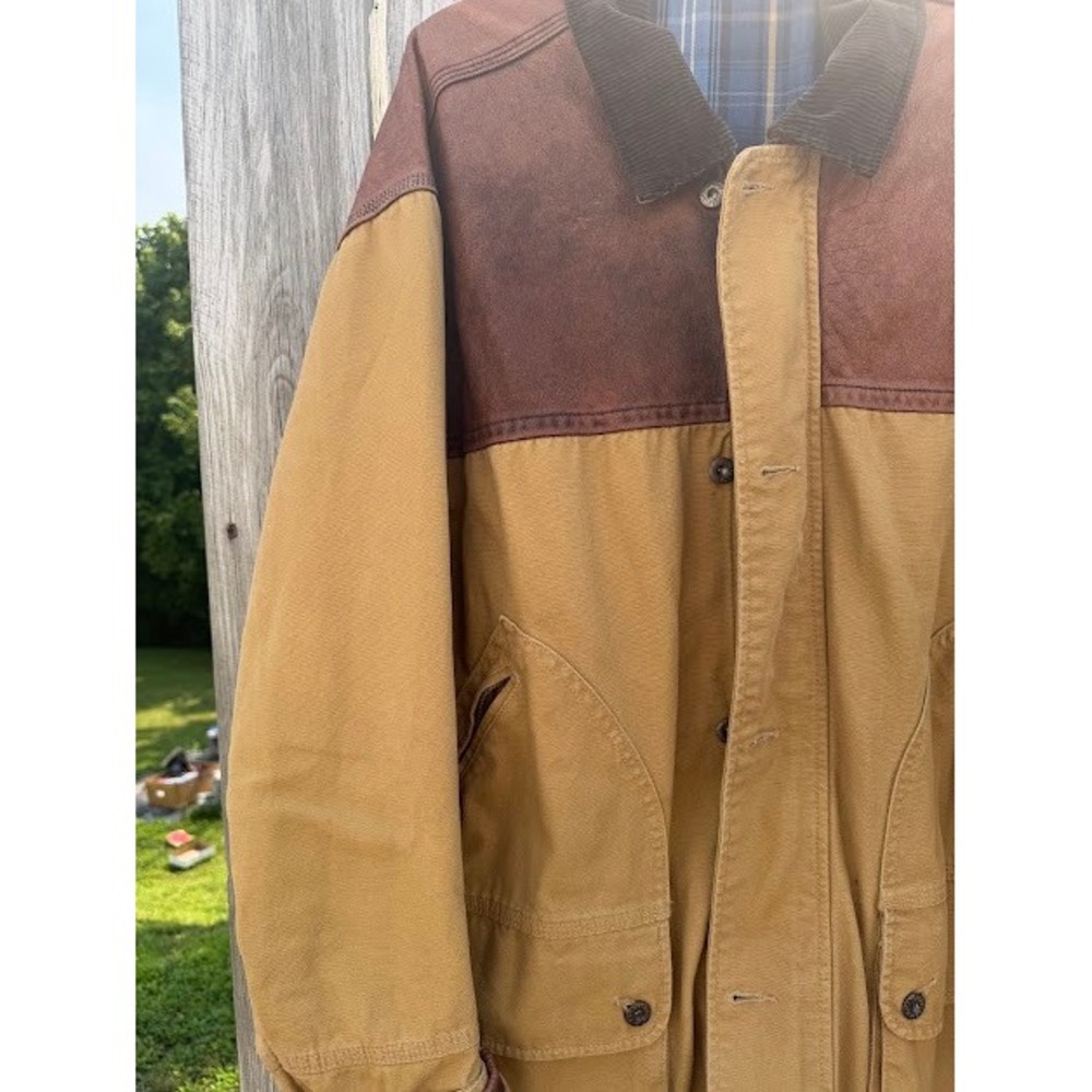 Vintage Tommy Hilfiger Canvas Barn Chore Jacket Tan Leather Yoke Corduroy Plaid - Picture 15 of 16
